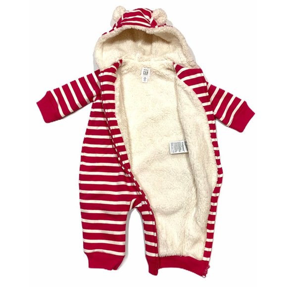 NWT GAP Baby Sherpa Hoodie Romper 3-6M Pink White Stripes - Picture 2 of 5